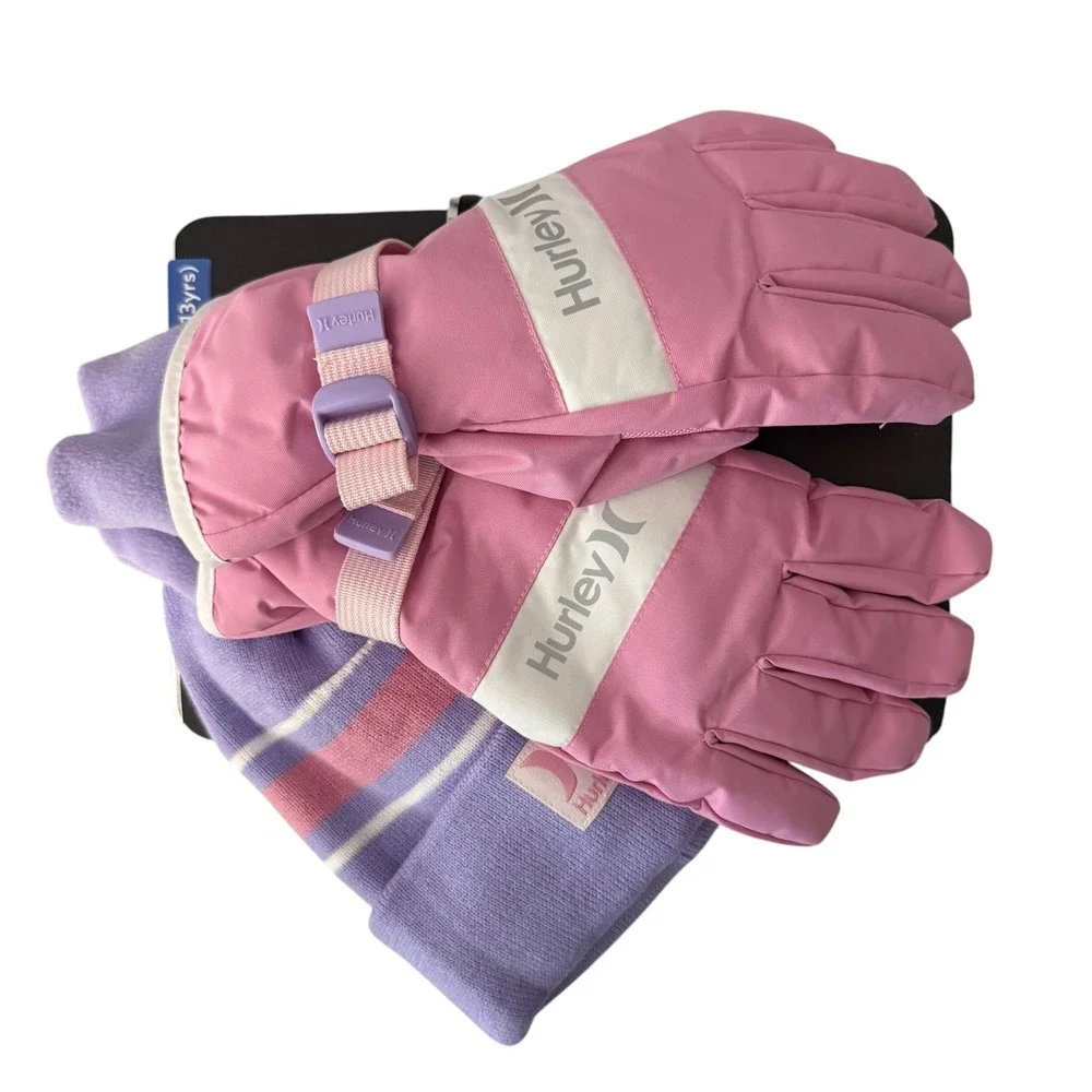 Hurley Youth Beanie & Ski Gloves 2-pc Winter Set Pink L 10-12 NWT